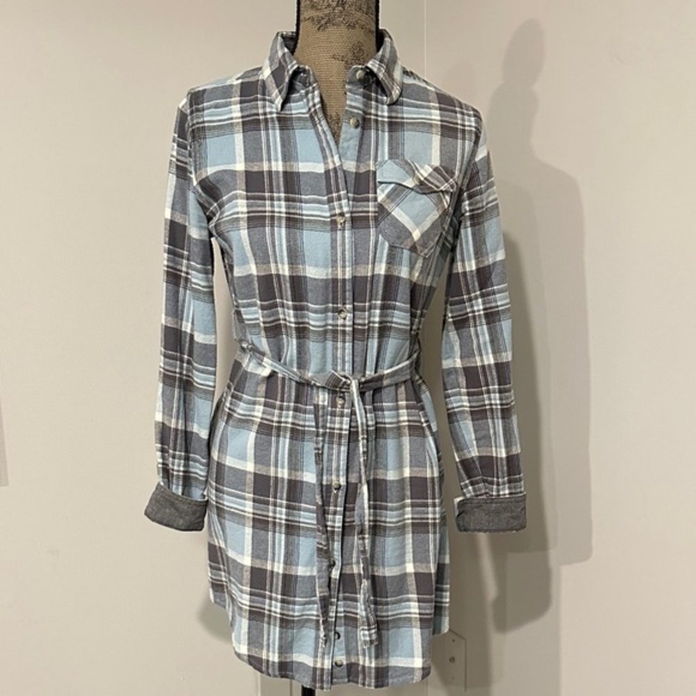 Legendary Whitetails Open Spaces Blue and Gray Plaid flannel Shirt Dress Small